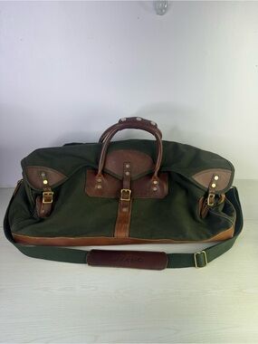 Orvis Mens Battenkill Gokey Duffle Bag Large Green Canvas Leather Trim Weekend